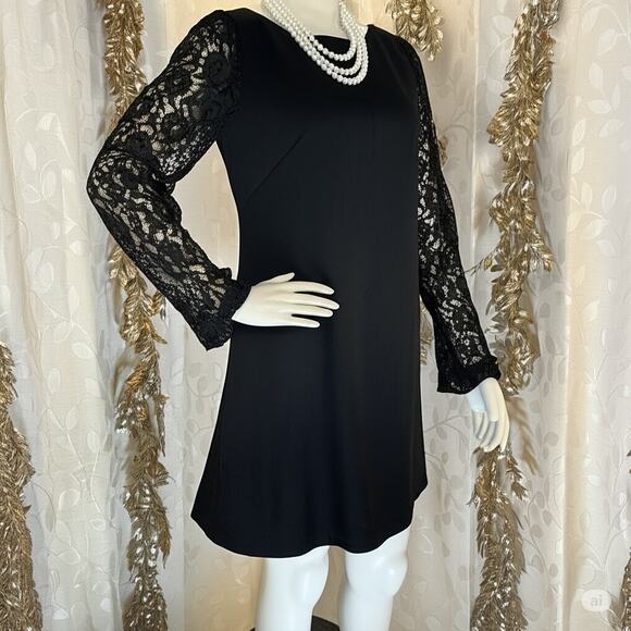 White House Black Market Women’s 12 Black Lace Sleeve Shift Cocktail Dress - Picture 8 of 12
